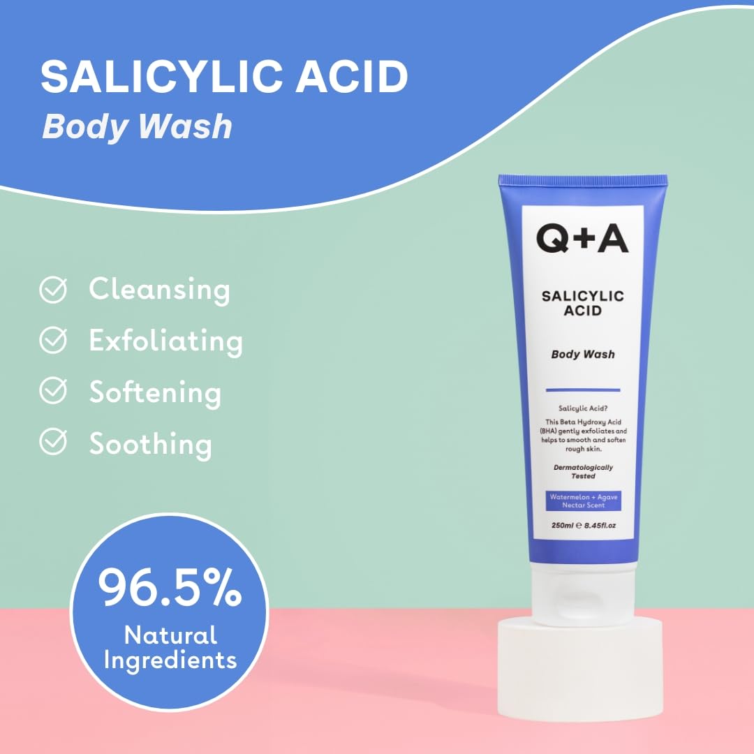 Q+A Salicylic Acid Body Wash, gel-based Body Wash, exfoliates, smoothes and softenes the skin with a blend of Salicylic Acid, White Willow Bark and Green Tea Extract, 250ml